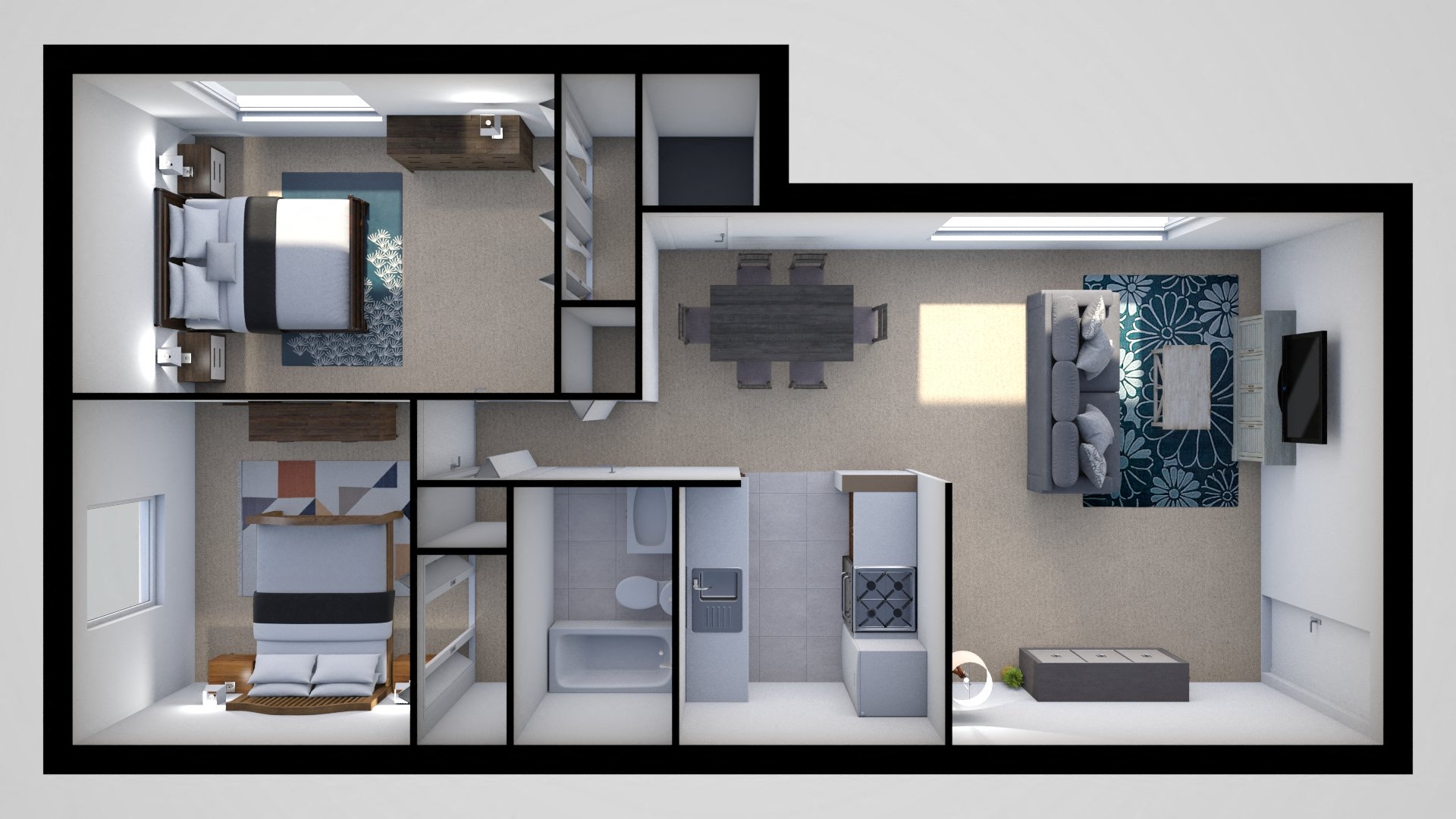 Floor plan for 2 beds, 1 bath, 742 sqft